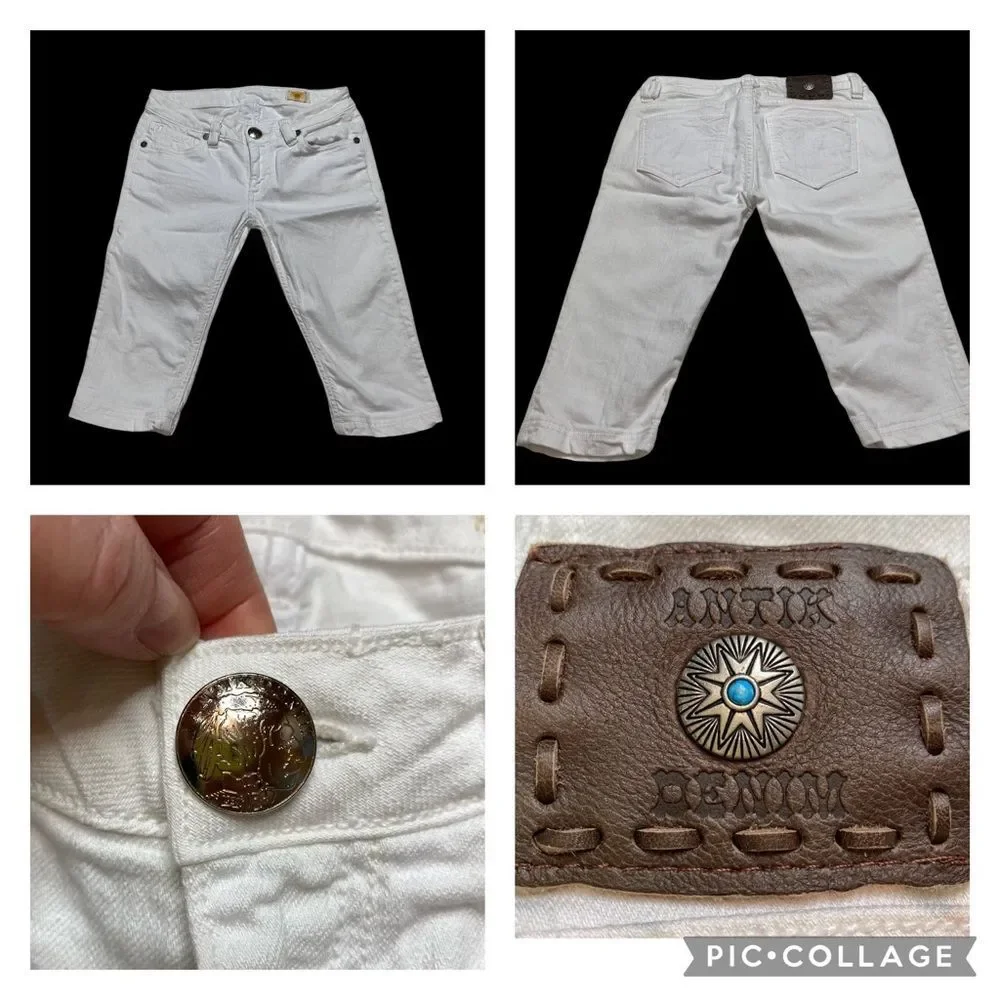 Antik Denim White Denim Shorts Southwest Style Patch & Trim Sz 27